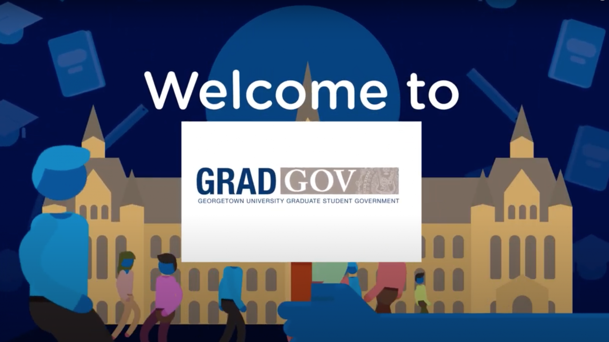 A graphic of people in front of Healy Hall that says &quot;Welcome to GradGov&quot;
