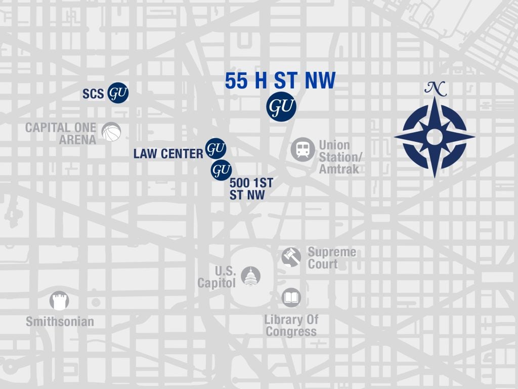 Map of DC showing where Georgetown housing is located near other downtown campus locations