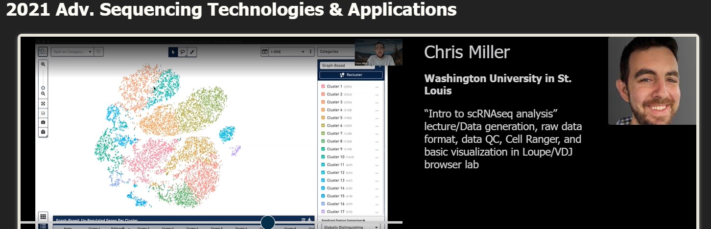 Screenshot of a workshop hosted in 2021 on the topic of advanced sequencing technologies and applications, by Chris Miller (Washington University in St. Louis)
