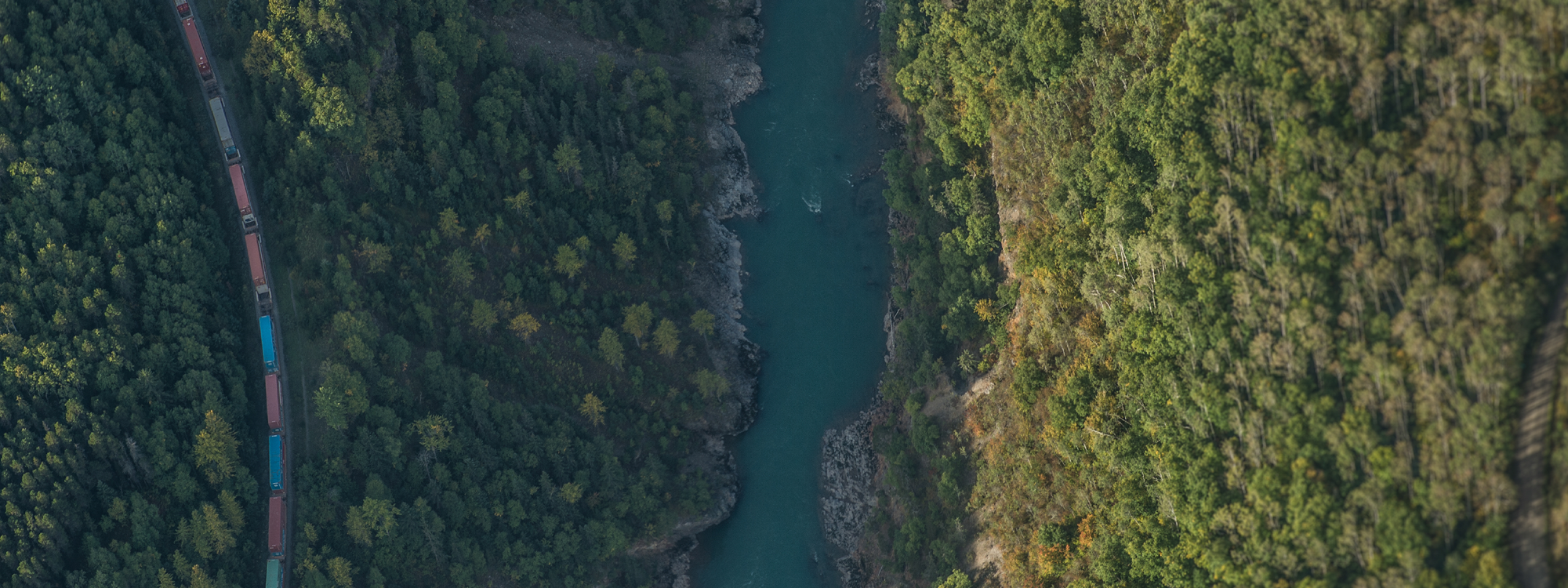 Aerial image of a forest with green treetops (left), a river (center), and cargo train (right)