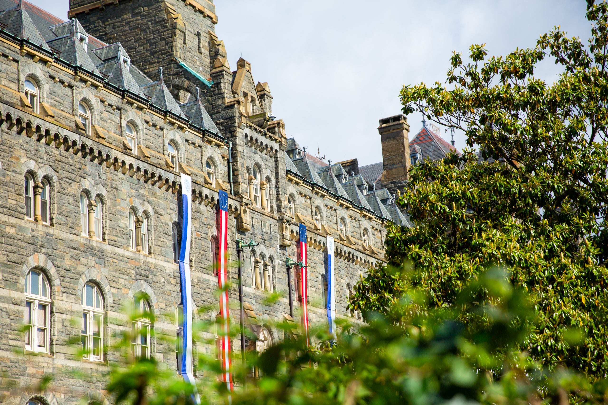 Wide-angle shot of Healy Hall in spring