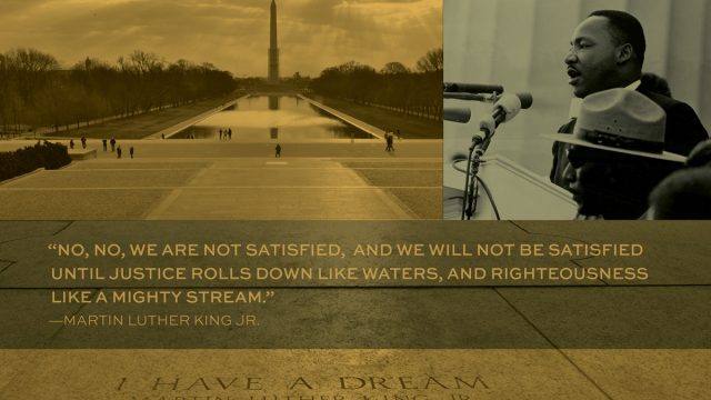 View of Washington Monument with reflecting pool (left); Quote from Dr. Martin Luther King (center); r. Martin Luther King speaks at an event in Washington, DC (right)