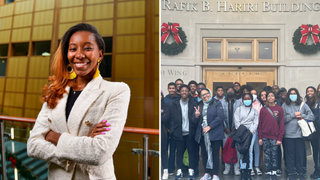 Split images: Headshot of Kilandra Bass (MBA&#039;24) on the left and a large group of business school students outside Hariri Hall on the right