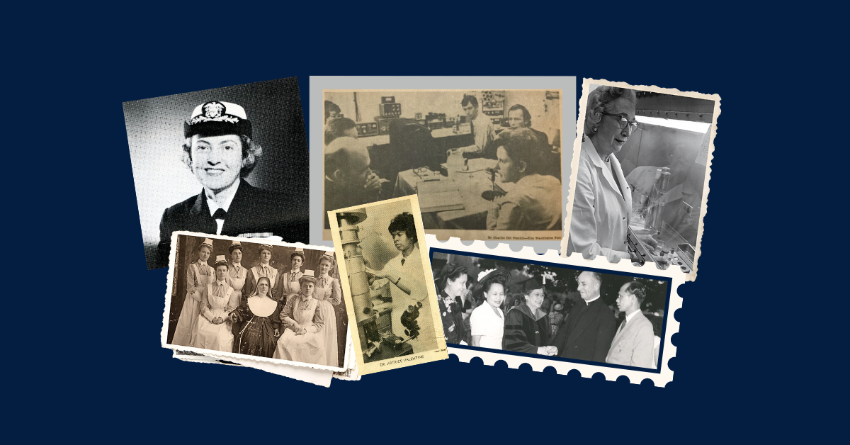 Collage of black and white photos of women in graduate studies through the decades at Georgetown on top of a dark blue background