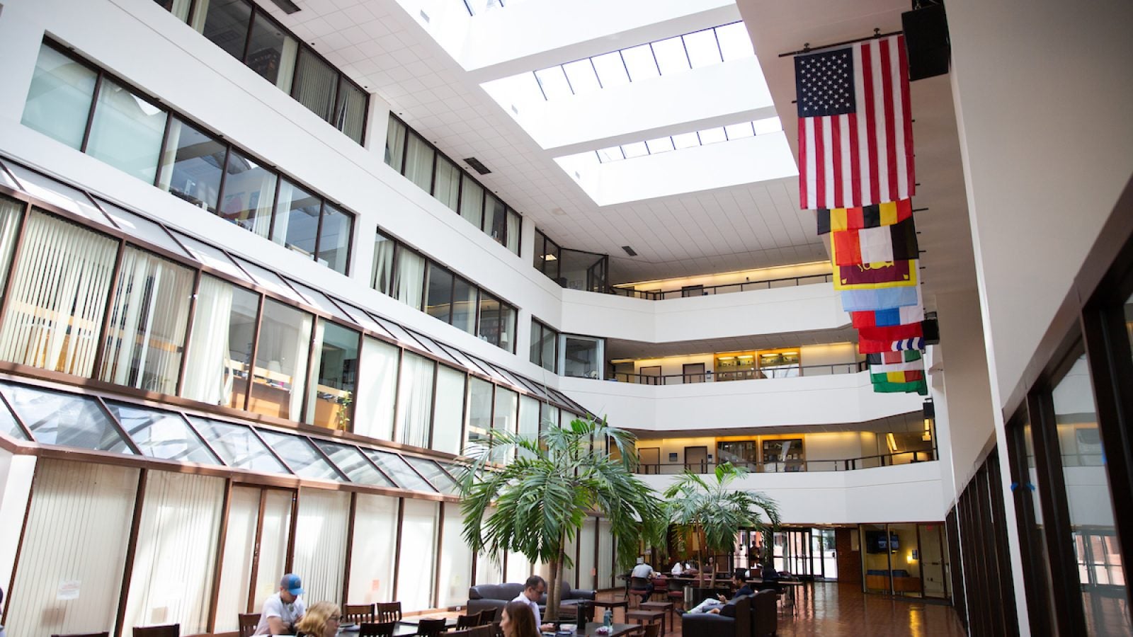 Intercultural Center building interior with skylight and various countries flags