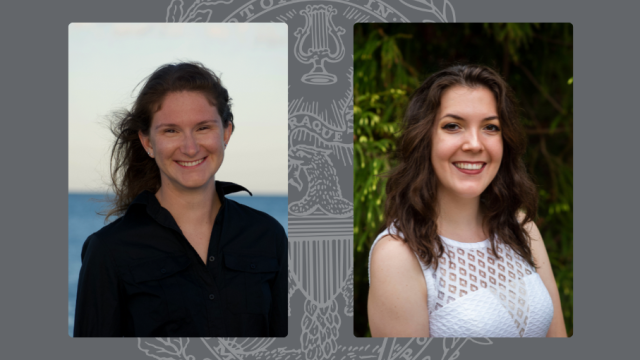 Graphic with headshots of Ellen Jacobs (left) and Zoe Malchiodi (right) imposed on gray background with Georgetown University seal