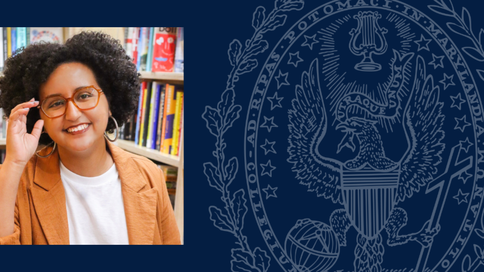 Bezawit Yohannes headshot overlaid on graphic with blue background and Georgetown University seal