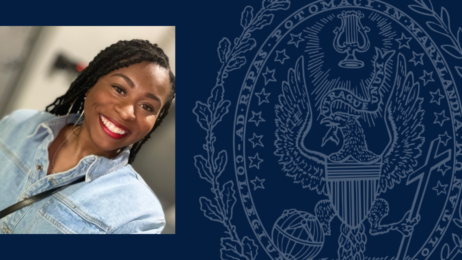 Rachel Dennis headshot overlaid on graphic with blue background and Georgetown University seal
