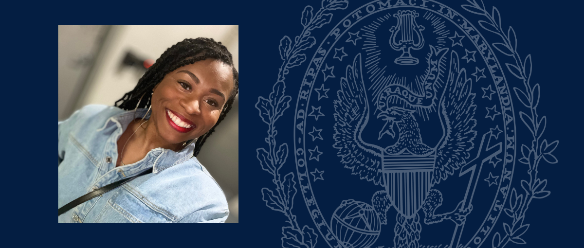 Rachel Dennis headshot overlaid on graphic with blue background and Georgetown University seal