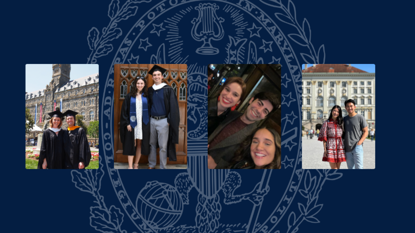 Collage of photos with four sets of graduate students with a dark blue background featuring the Georgetown seal