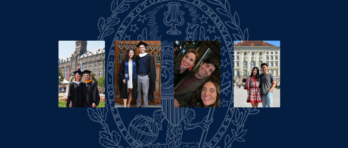 Collage of photos with four sets of graduate students with a dark blue background featuring the Georgetown seal