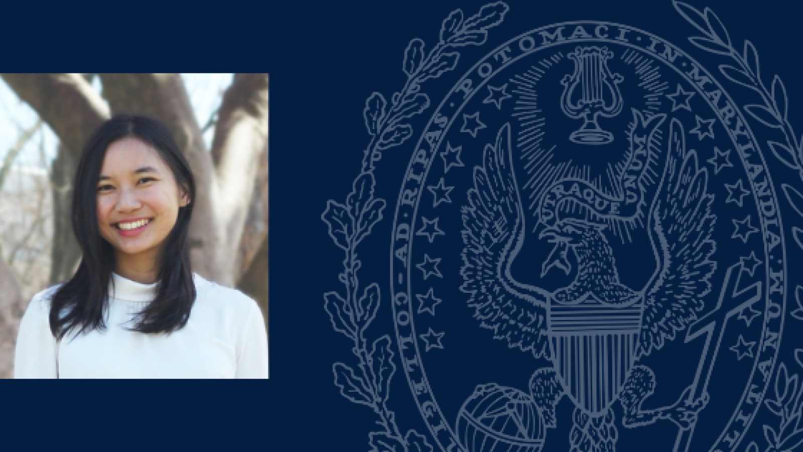 Cynthia Ng headshot overlaid on graphic with blue background and Georgetown University seal