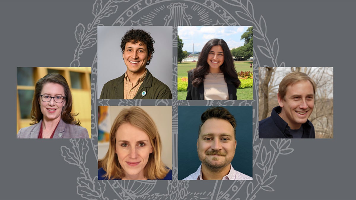 Six headshots overlaid on top of a gray background with the Georgetown University seal (centered)