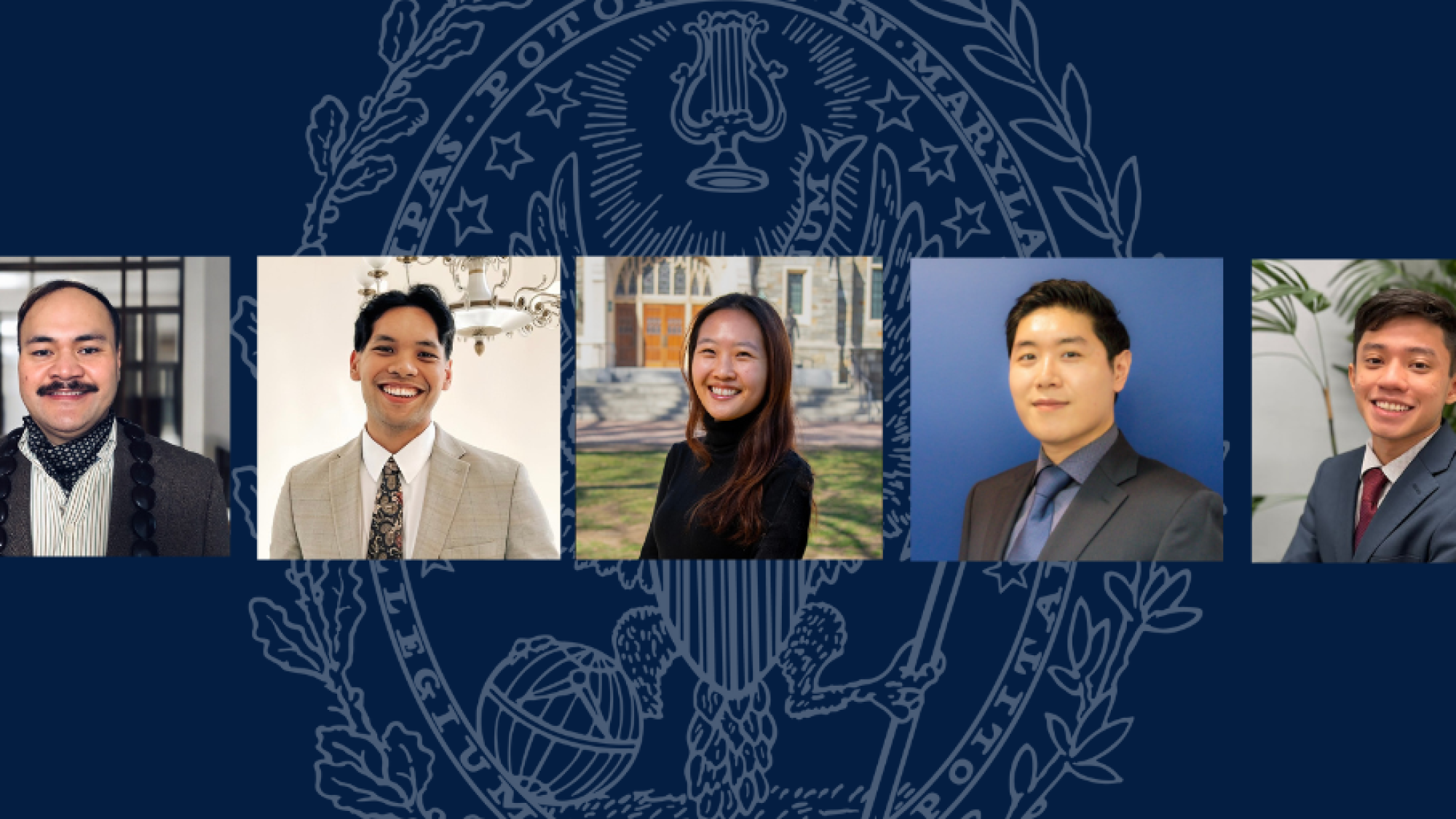 Graphic with blue background, Georgetown University seal, and collage of five AAPI students photos