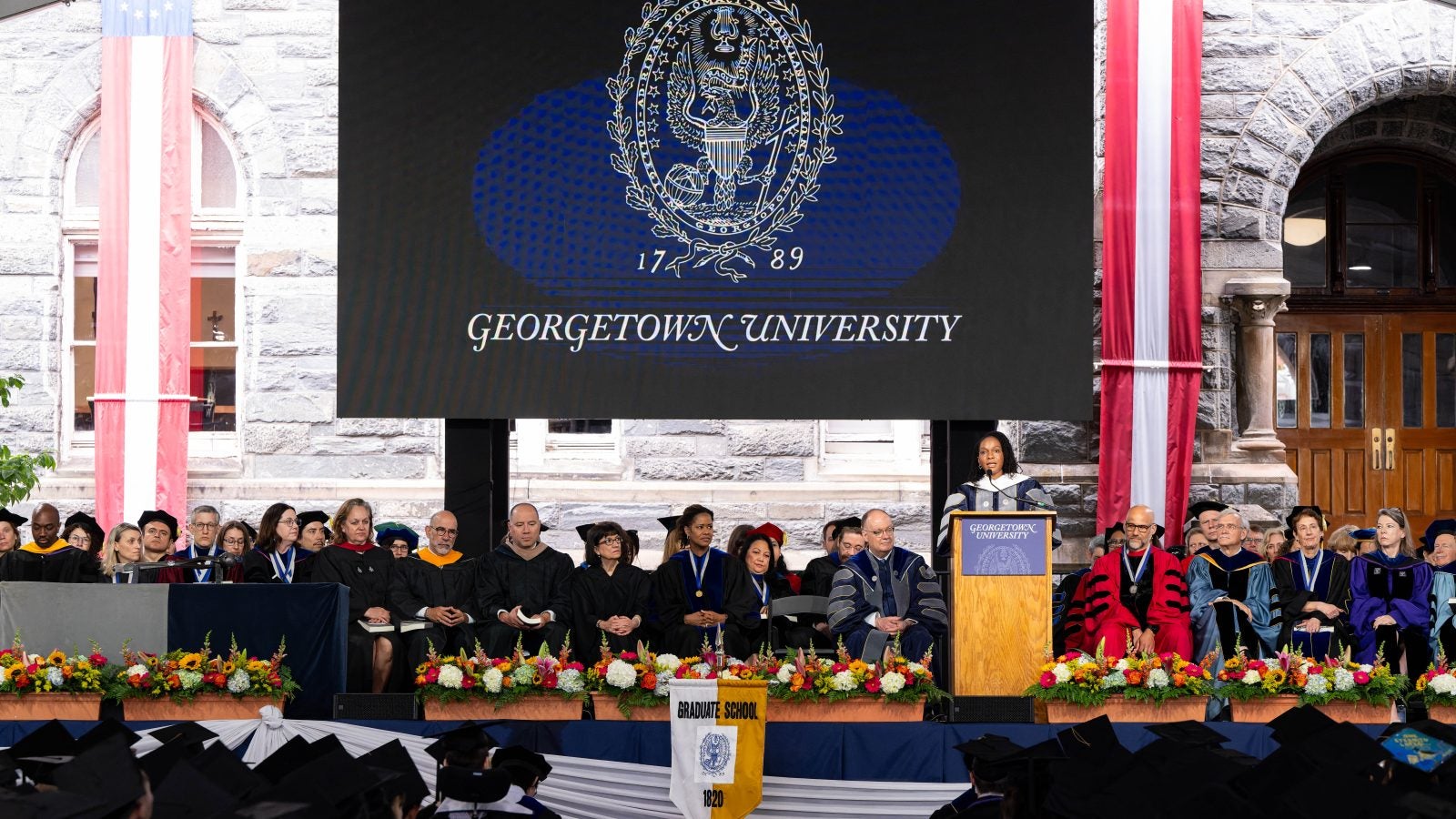 The Commencement stage at the 2024 Graduate School of Arts &amp; Sciences ceremony at Georgetown University