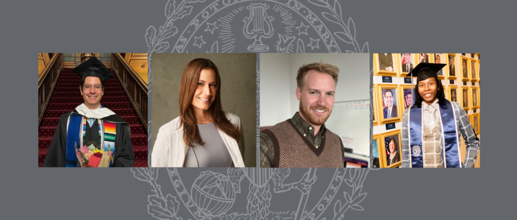 Graphic with gray background, Georgetown seal (center) and four graduate students' headshots