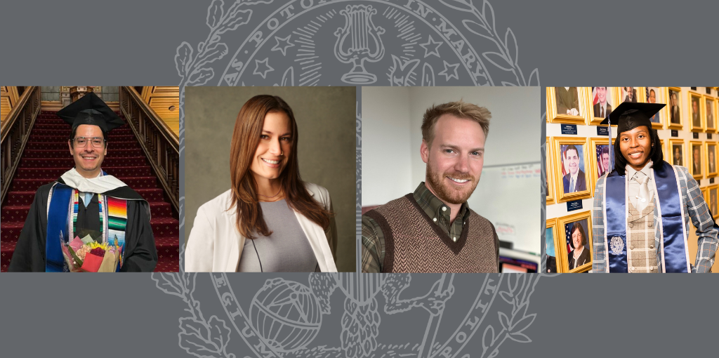 Graphic with gray background, Georgetown seal (center) and four graduate students' headshots