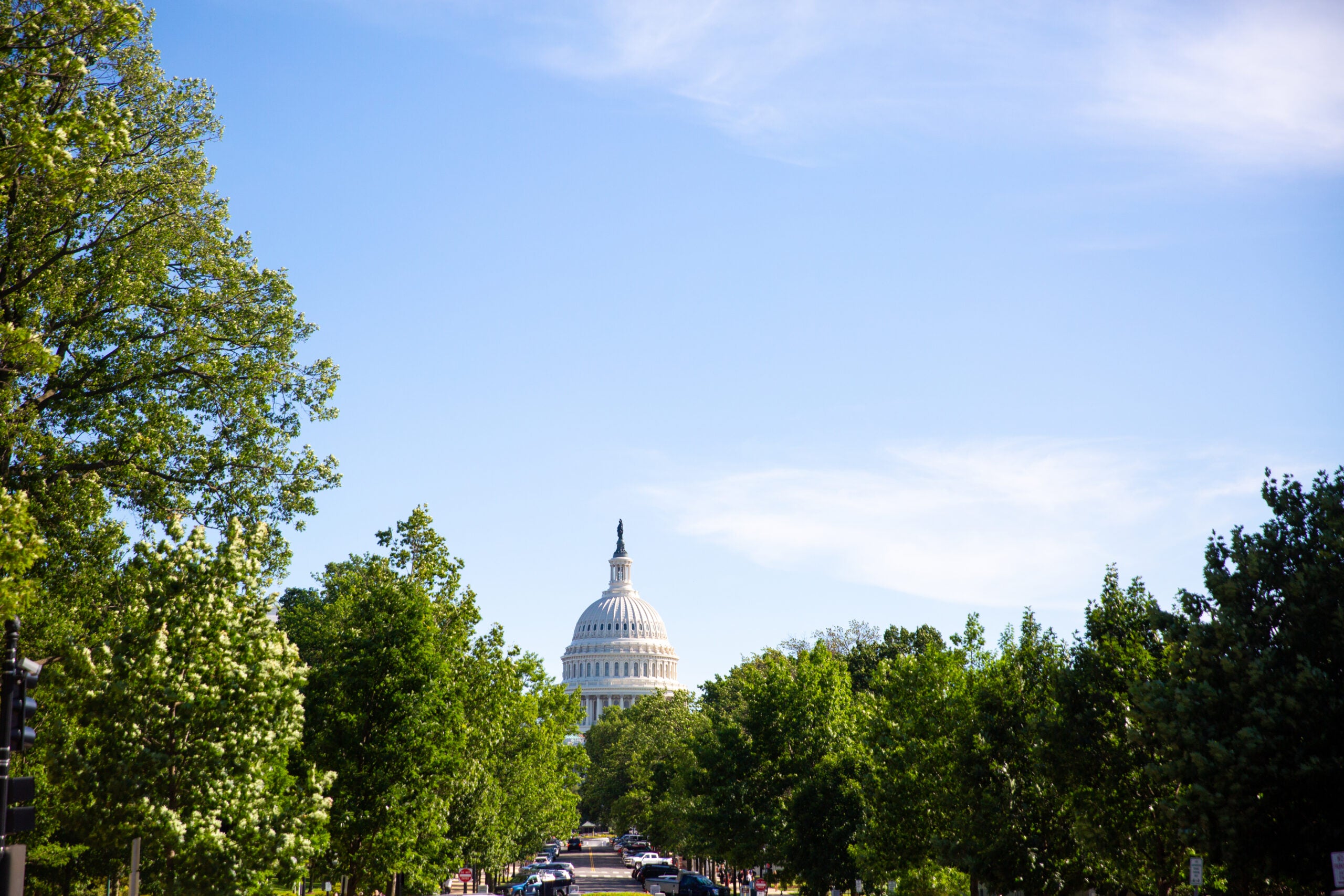 DC street lined with green trees and Capitol building (center)