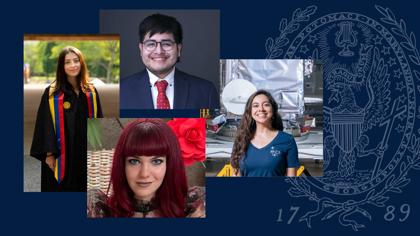 Headshots of four featured students on the left and Georgetown seal on the right