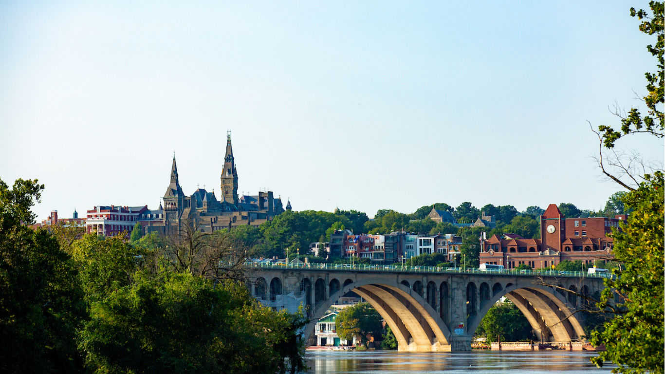 Georgetown University skyline and Key Bridge from the Potomac River in Washington, DC