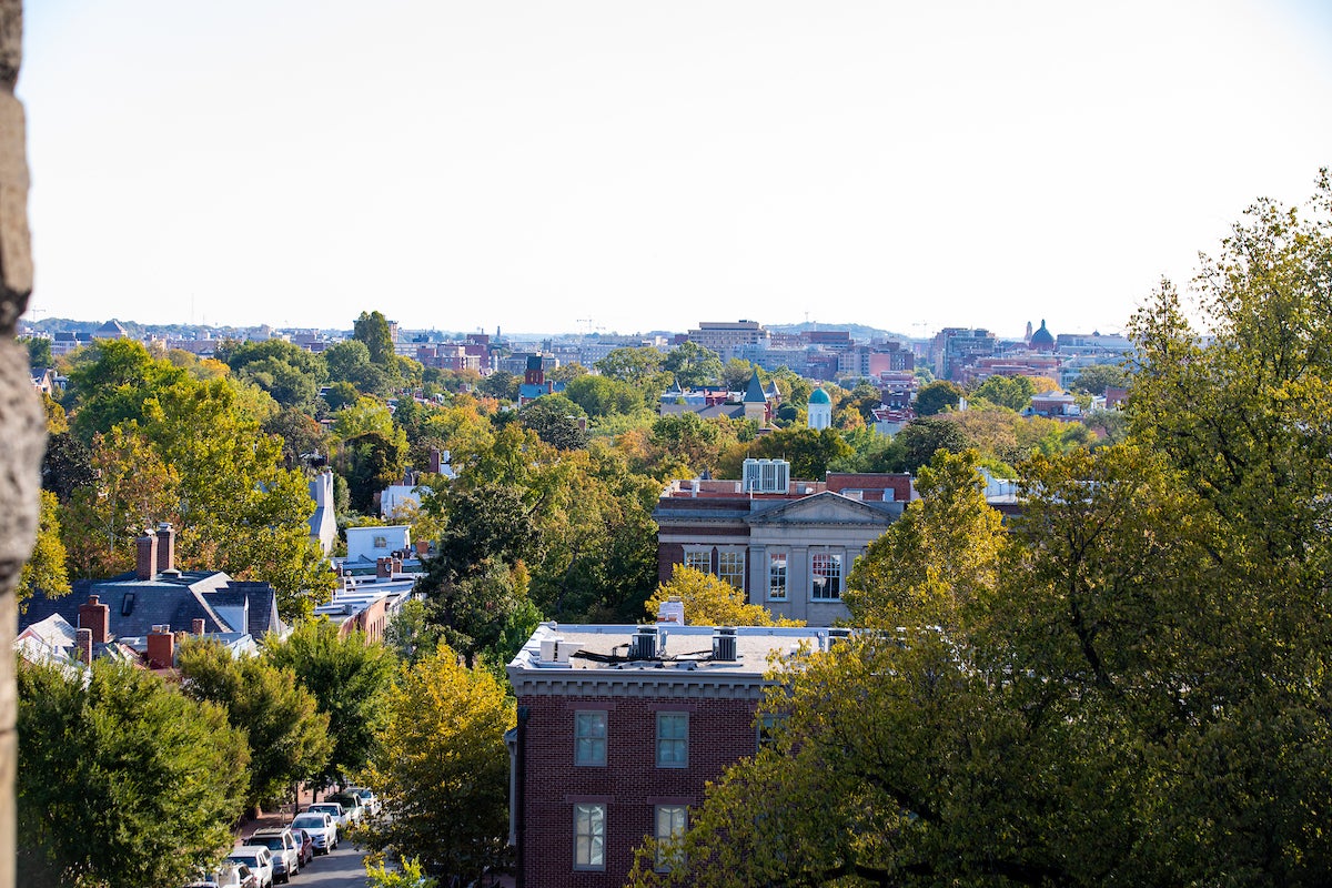 Aerial view of Georgetown neighborhood from top floor of Healy Hall at Georgetown University