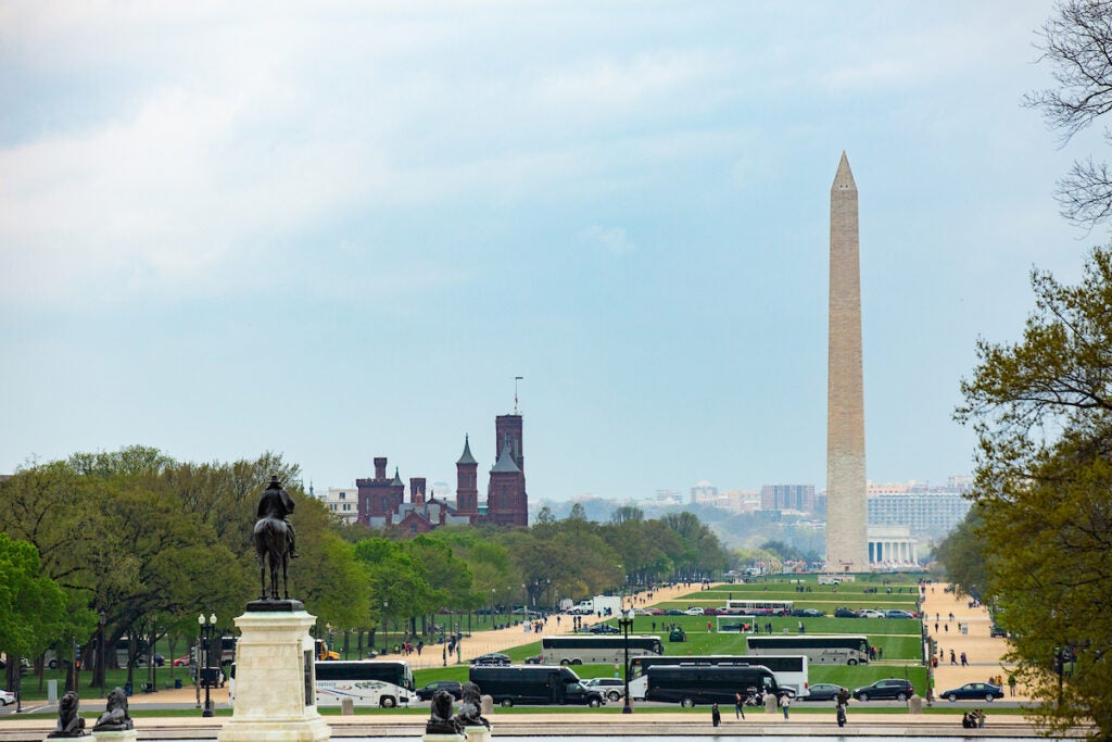A view of the National Mall, including the Washington Monument and the Smithsonian Castle.