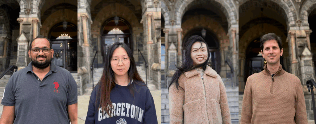 Photos of the three students who won the DISRPT challenge and their professor. From left to right: Abhishek Purushothama (G'29), Zhuoxuan Nymphea Ju (G'26), Jingni Wu (G'25) and Amir Zeldes.