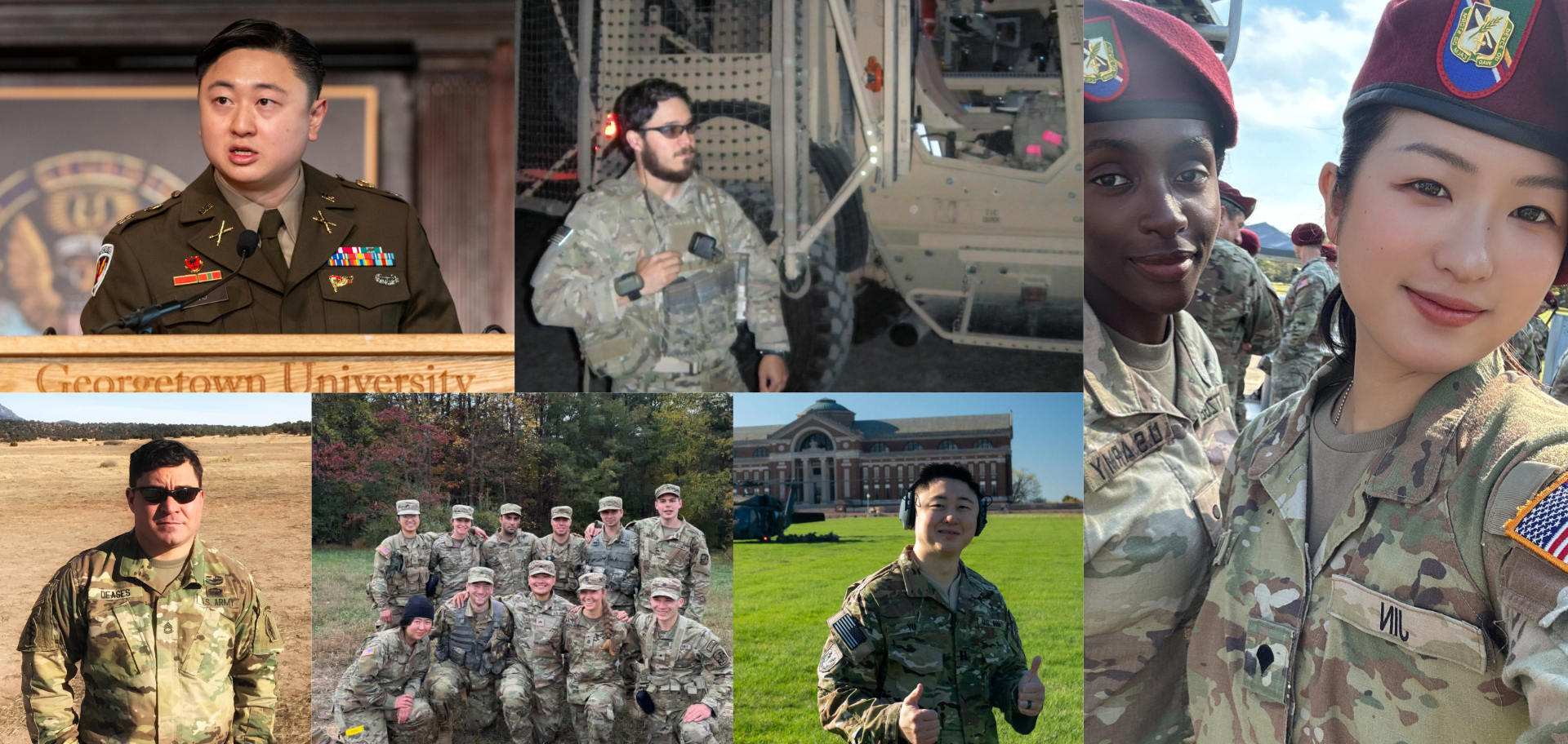 A collage of grad students in military fatigues.