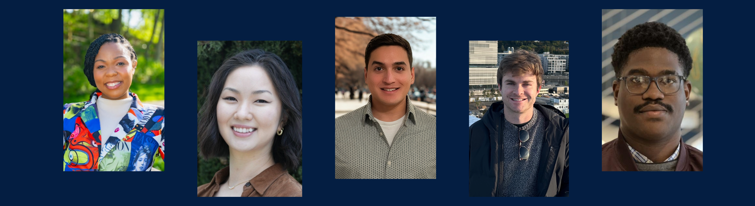A composite photo featuring headshots of grad students Bobbi Barr, Alisha Bi, Anthony Badial-Luna, Grady McGinnis and Geraud Bisimwa.