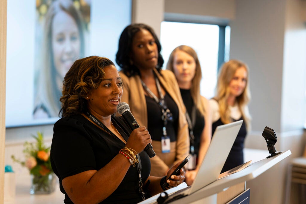 Hazlewood speaks at an event for the Berkley School of Nursing.