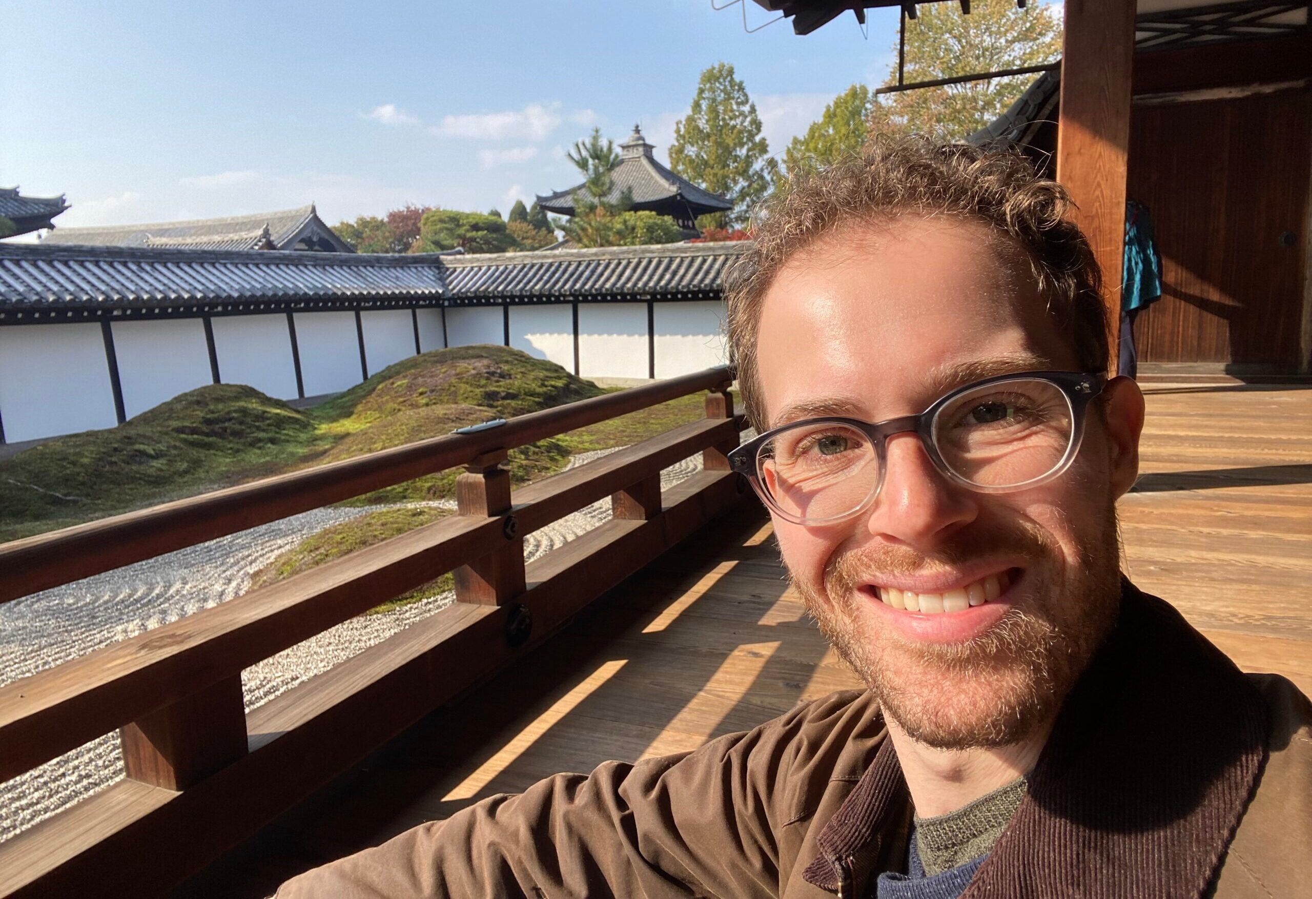 Georgetown Ph.D. candidate Ethan Barkalow takes a selfie in the Buddhist Tofuku-ji Garden in Kyoto.