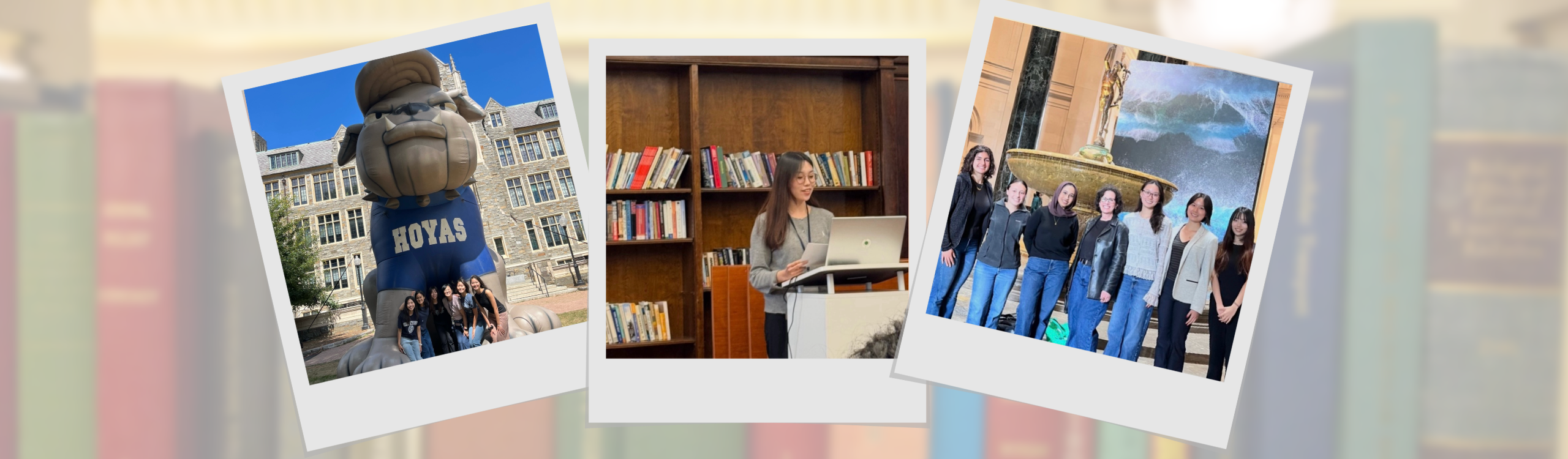 Three photos of Seyoung Kim, two group photos flanking a photo of Seyoung presenting at a podium, appear in Polaroid photo frames in front of an opaque library shelf background.